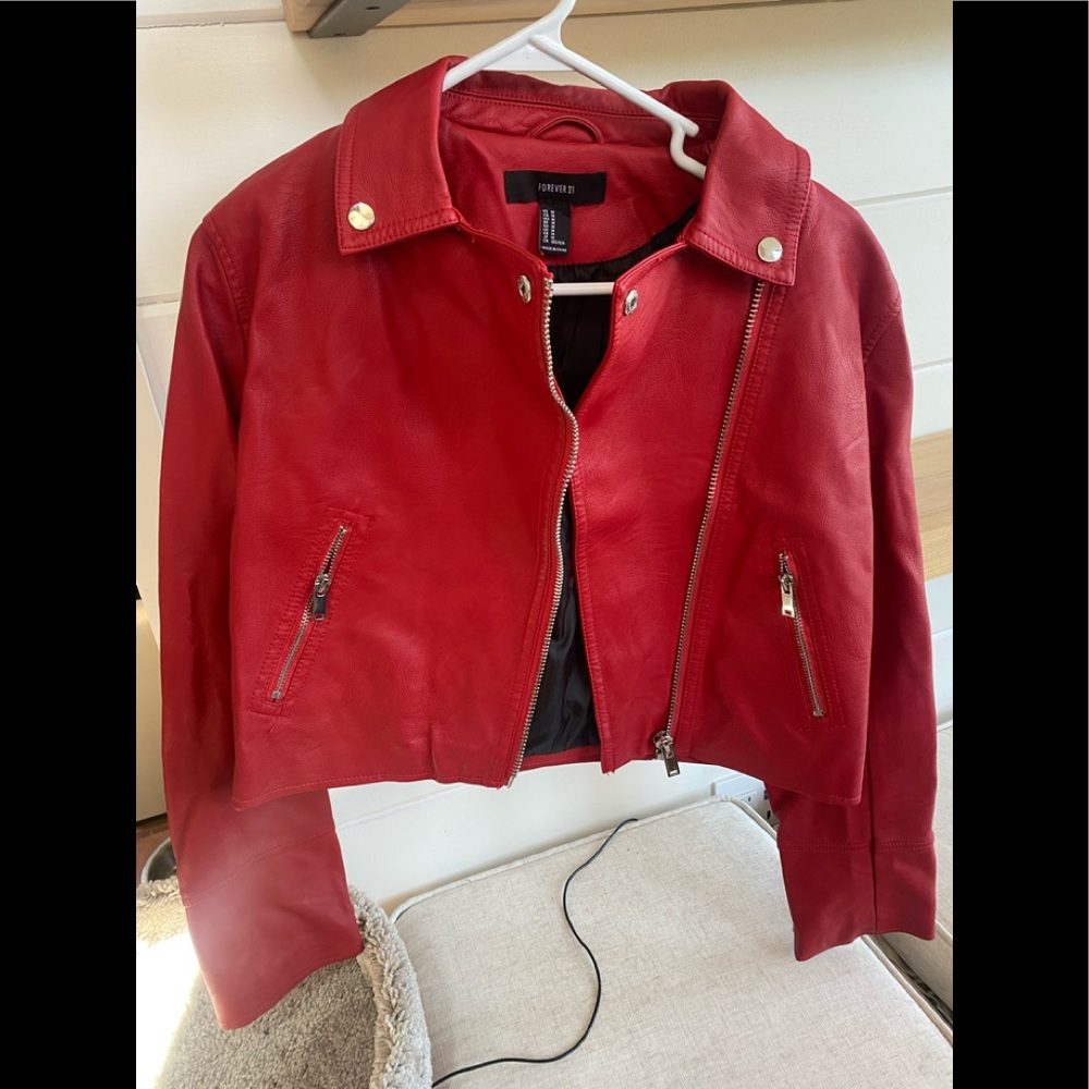 Bright red faux leather moto jacket